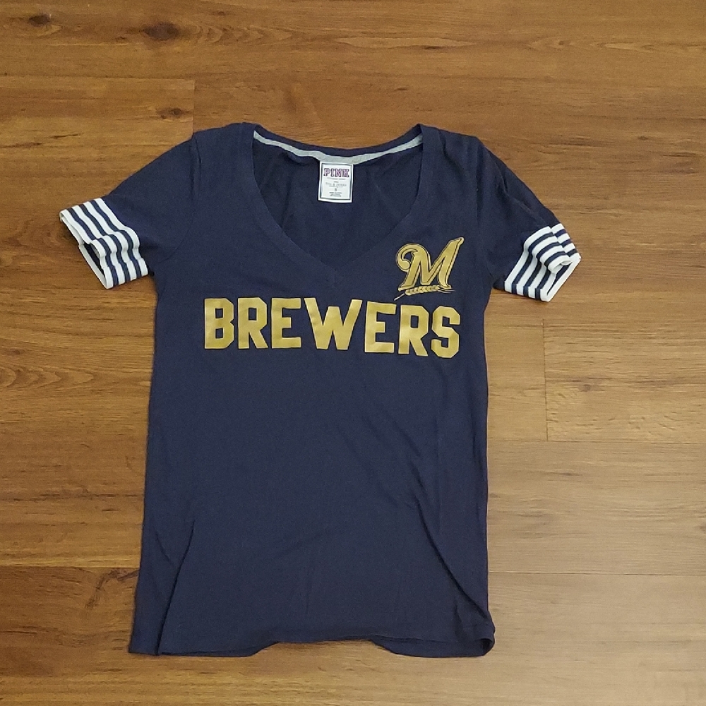 PINK Victoria's Secret Navy Brewers Graphic V-Neck Tee with Gold Lettering